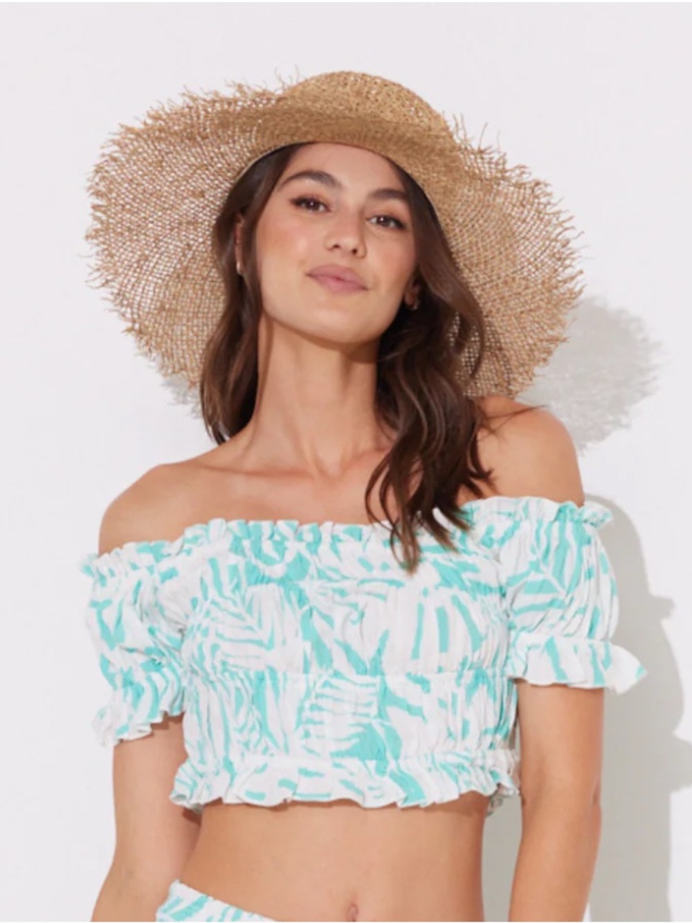 Ocean drive Turquoise White Off Shoulder Crop Top Ruffle Smocked Boho Beach